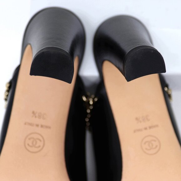 Chanel 38.5 2 Tone Leather Grosgrain Leather Mule Chain CC Detail Heel Boots - Picture 10 of 14